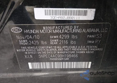 2011 Hyundai Sonata Se from USA, damaged, VIN 5NPEC4AC9BH198466